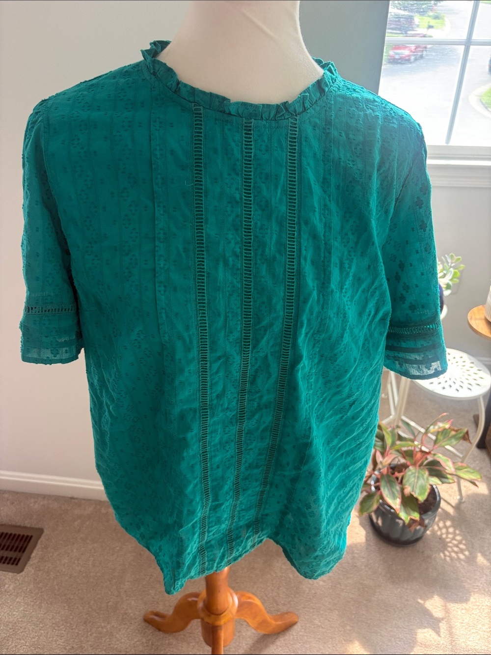 LOFT Teal Eyelet Short Sleeve Blouse with Ruffle Neck